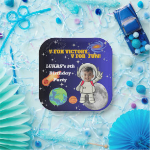V For Victory V For Fun Astronaut Boy Birthday Paper Plate