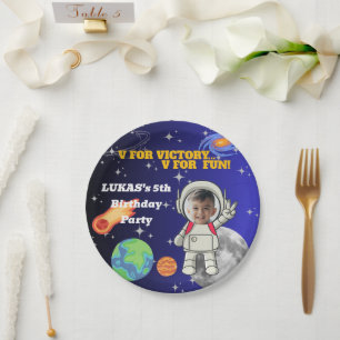 V For Victory V For Fun Astronaut Boy Birthday Paper Plate