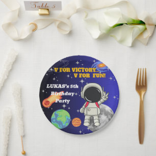 V For Victory V For Fun Astronaut Boy Birthday Paper Plate