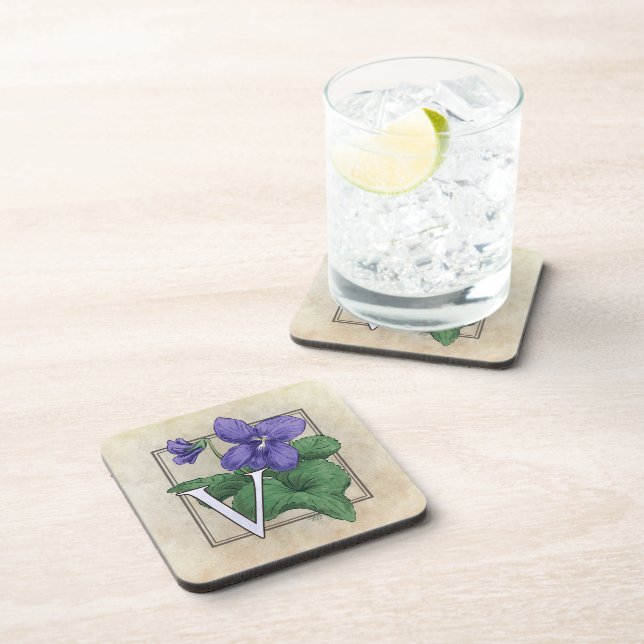 V for Violet Floral Monogram Coaster (Right Side)