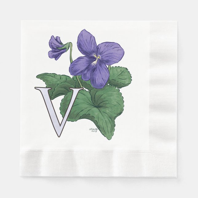 V for Violet Floral Monogram Napkin (Front)