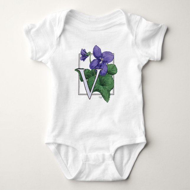 V for Violets Flower Monogram Baby Bodysuit (Front)