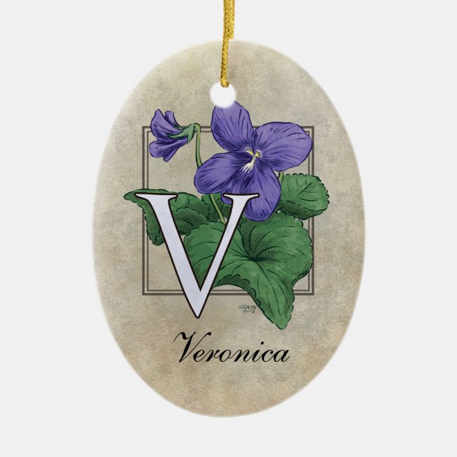 V for Violets Flower Monogram Ceramic Tree Decoration (Front)