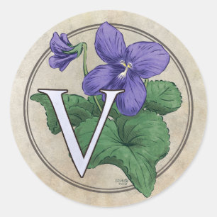 V for Violets Flower Monogram Classic Round Sticker