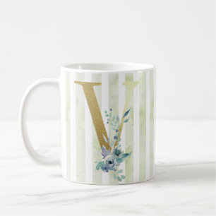 V golden initial blue and white stripes coffee mug