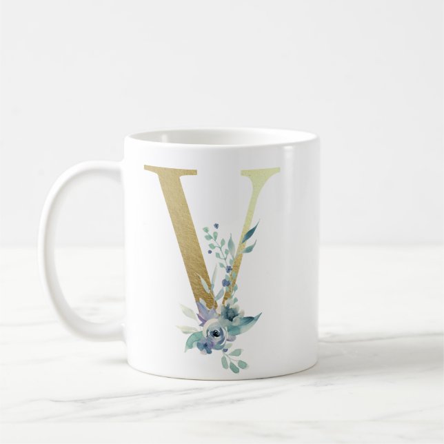 V  golden initial with blue floral foliage coffee mug (Left)