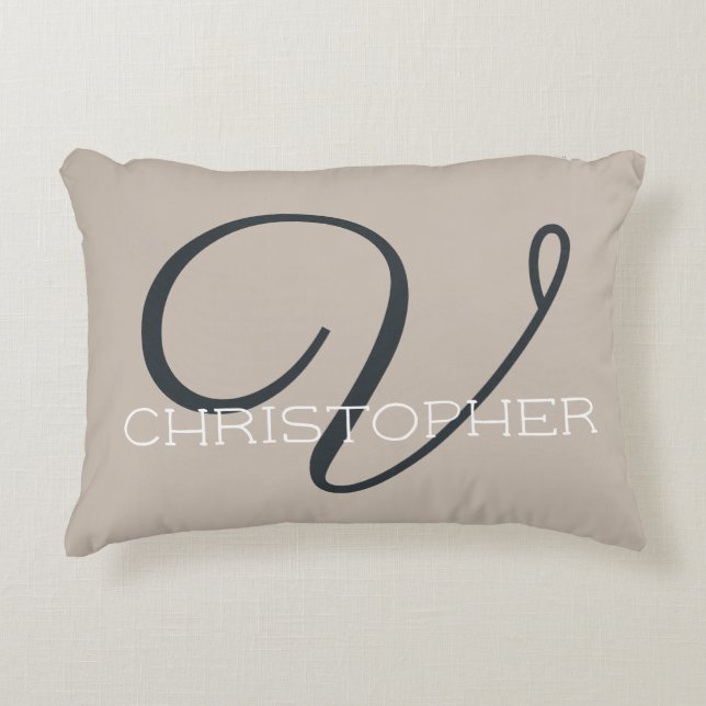 V Initial Calligraphy Name Taupe Tan Neutral Chic Decorative Cushion (Front)