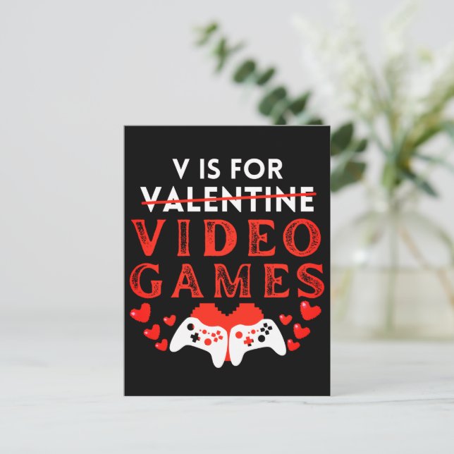 V Is For Video Games Funny Valentines Day Gamer Holiday Postcard (Standing Front)