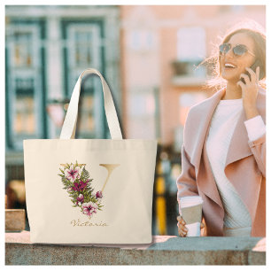 V Letter Gold Monogram Marsala White Florals Large Tote Bag