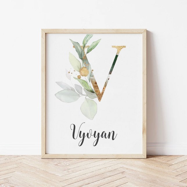 V Letter Monogram Greenery Nursery Name Wall Print (Creator Uploaded)