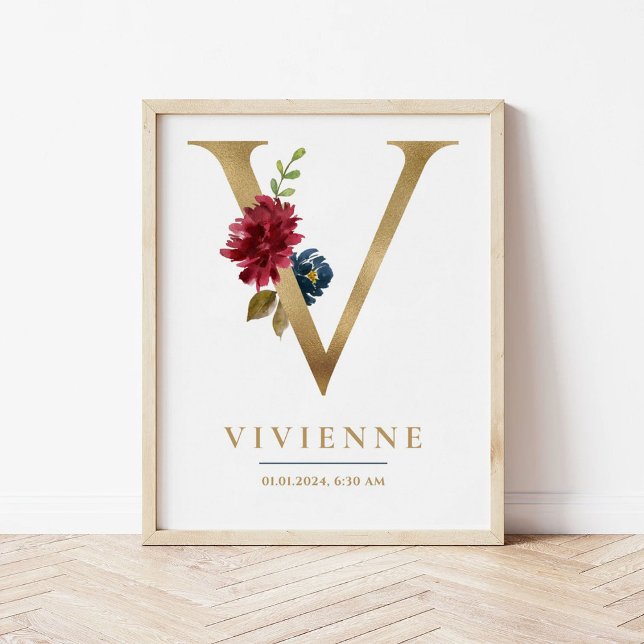 V Letter Monogram Name Marsala Floral Nursery Poster (Creator Uploaded)
