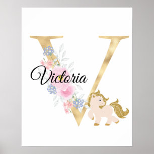 V letter personalised name monogram with pony poster
