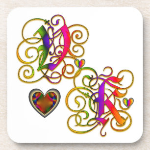 V Loves K on White Coaster with Hearts