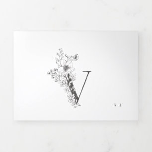 'V' Monogram Beautiful Sketched Floral Wedding Tri-Fold Invitation