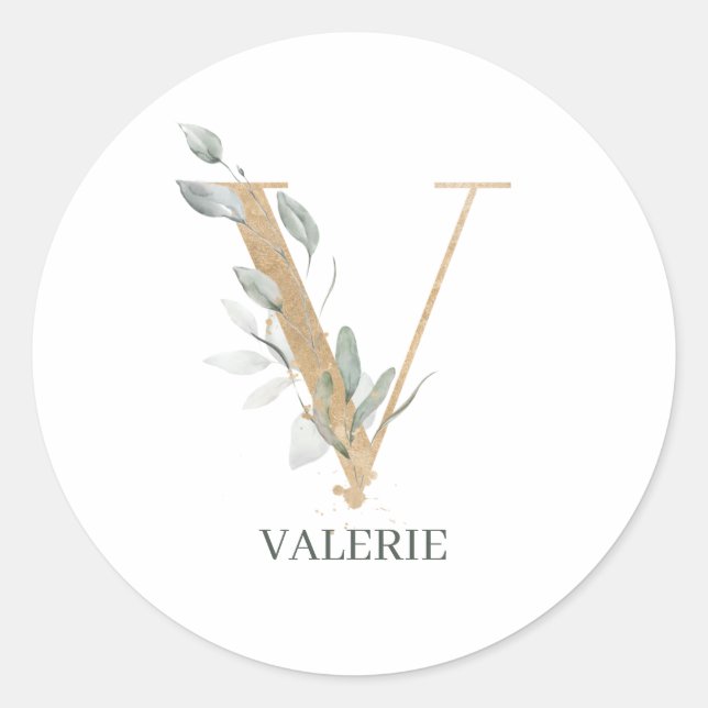 V Monogram Floral Personalised Classic Round Sticker (Front)
