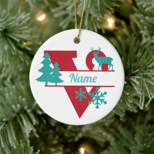 V Monogram Initial Christmas Holiday Tree Ornament (Tree)