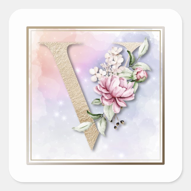 V Monogram Pink Rose Square Sticker (Front)