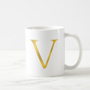 V   White and Gold Letter Mug