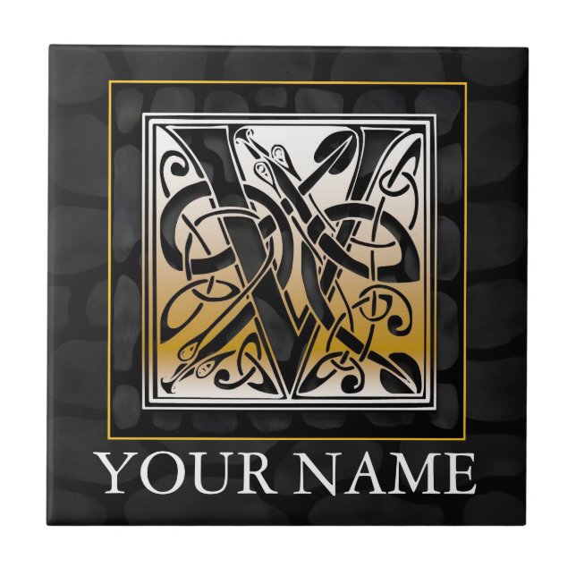 V "Your Name" Celtic Black Stone Monogram Tile (Front)