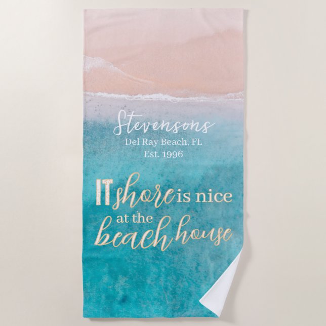 Vacation Beach House Minimalist Script Family Name Towel (Front)