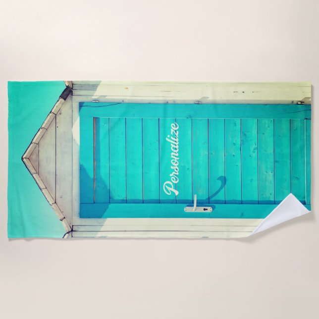 Vacation beachfront cabana turquoise white beach towel (Front)