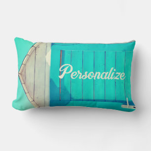 Vacation beachfront cabana turquoise white lumbar cushion