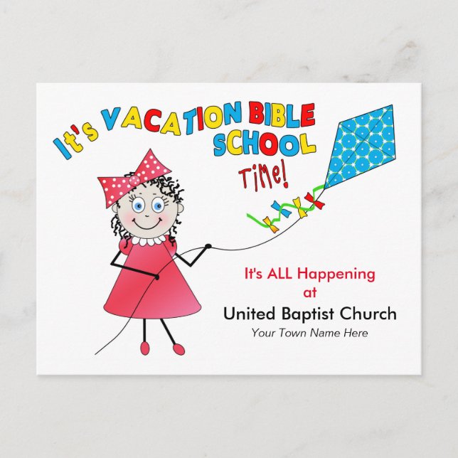 VACATION BIBLE SCHOOL POSTCARD - GIRL FLYING KITE (Front)