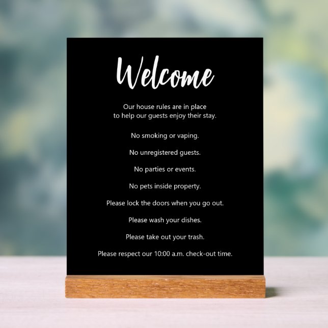 Vacation House Rules White and Black Template Acrylic Sign (Neutral)