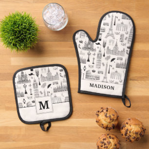 Vacation In Europe Pattern Oven Mitt & Pot Holder Set