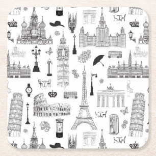 Vacation In Europe Pattern Square Paper Coaster