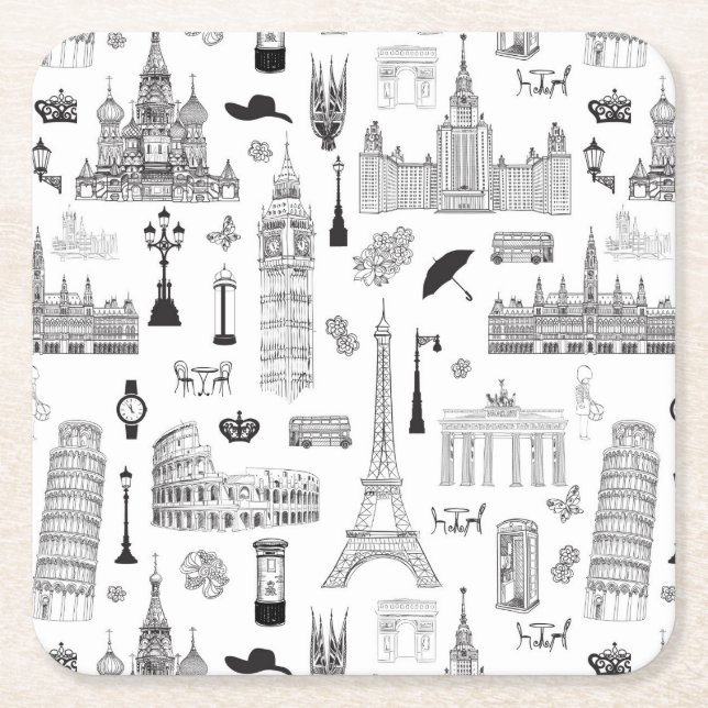 Vacation In Europe Pattern Square Paper Coaster (Front)