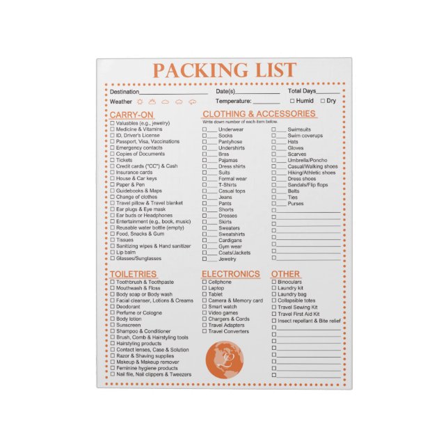 Vacation Packing List, Personalised Globe Monogram Notepad (Rotated)