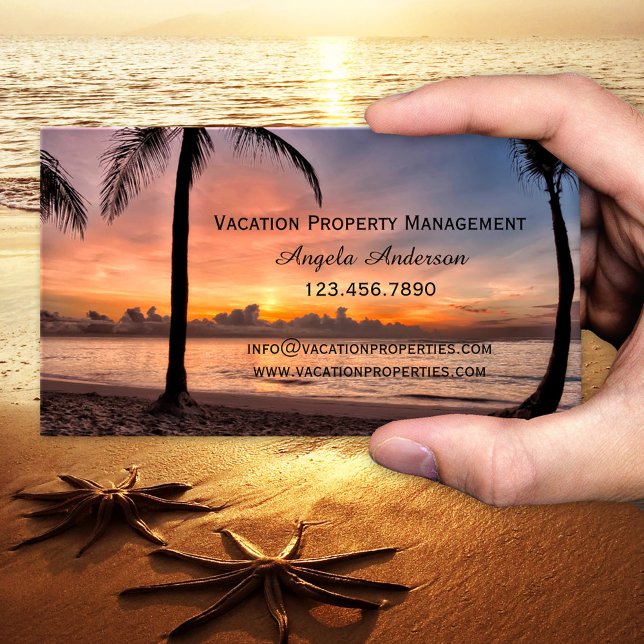 Vacation Property Management Business Card (Business card showing a sunset at a tropical beach - travel agency - holiday rentals - vacation home)