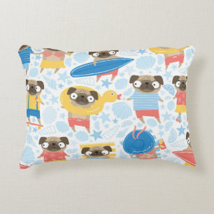 Vacation pugs, summer beach seamless. decorative cushion