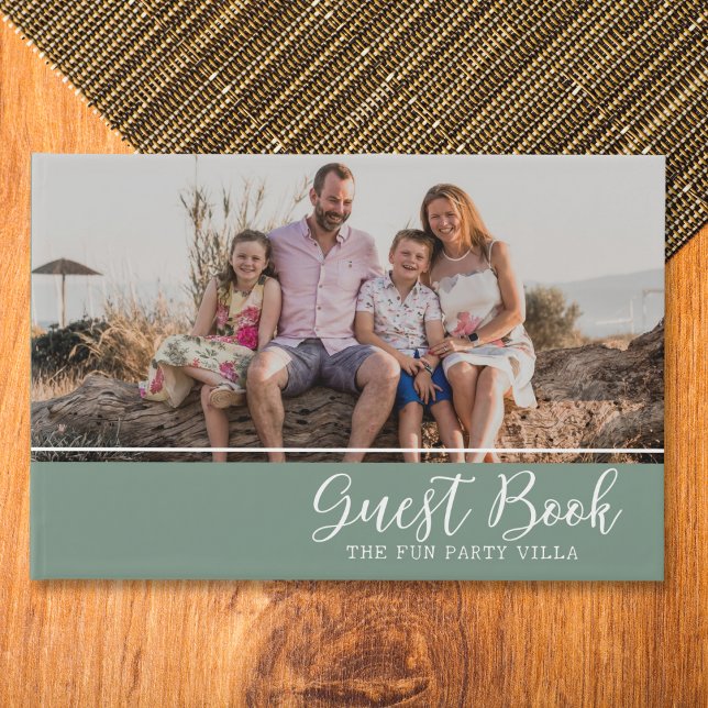 Vacation Rental Guests Comments Sage Green Photo Guest Book (Modern Sage Green Vacation Home Guest Book for guests feedback  )