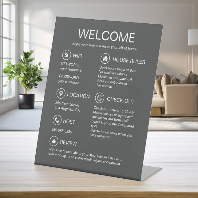Vacation Rental Modern Grey Guest Information Pedestal Sign (Creator Uploaded)
