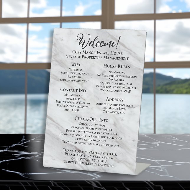 Vacation Rental Welcome Guest House Information Pedestal Sign (vacation rental custom guest information sign)