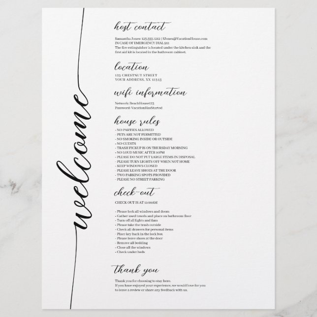 Vacation Rental Welcome Guide House Rules Flyer (Front)