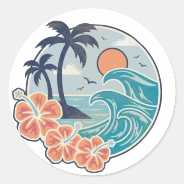 vacation sticker waves palm trees and sun flowers (Front)