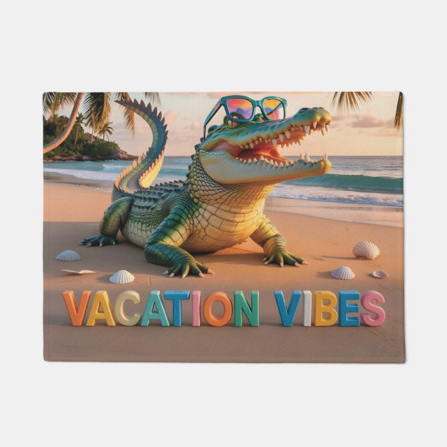 "Vacation Vibes" Cool Crocodile on Beach Doormat (Front)