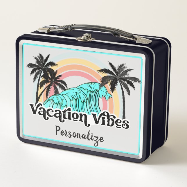 Vacation Vibes Ocean Waves Palm Trees Personalised Metal Lunch Box (Front)
