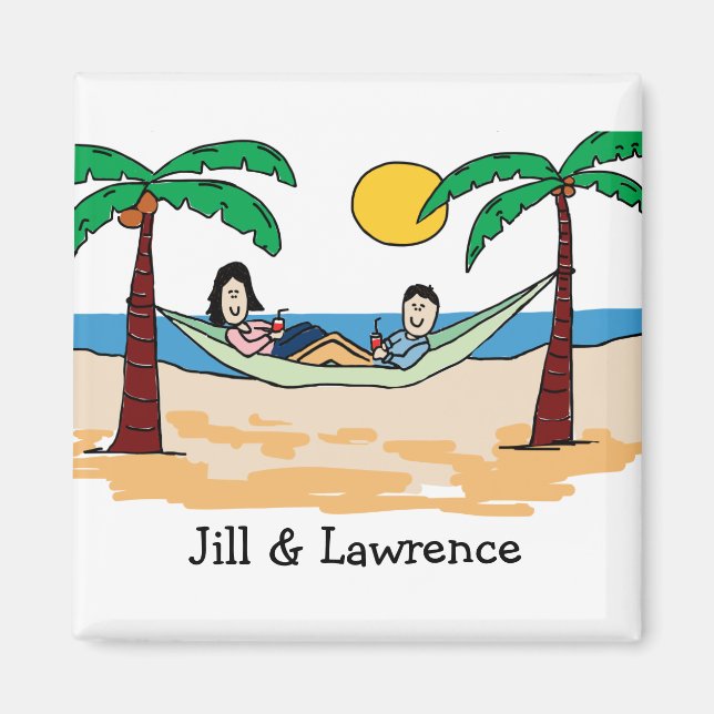 Vacationing couple- personalised cartoon magnet (Front)