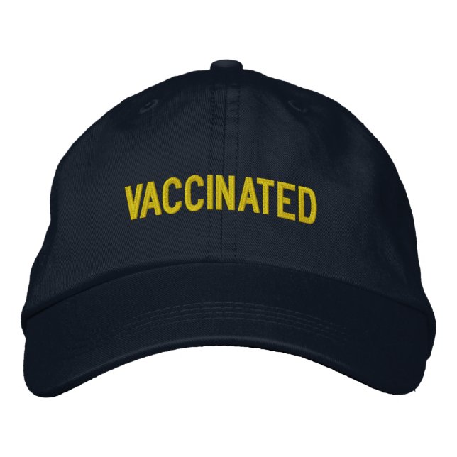 Vaccinated, golden yellow text embroidered hat (Front)