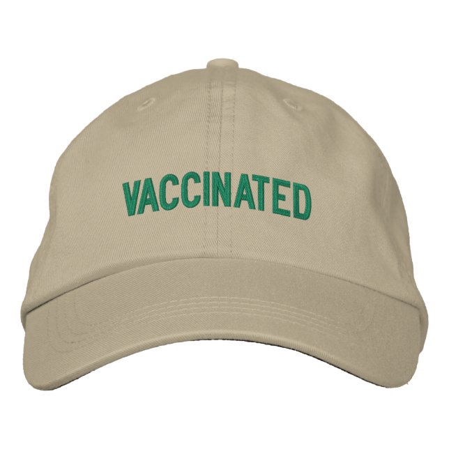 Vaccinated, green text khaki embroidered hat (Front)