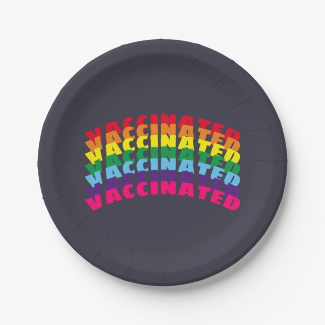 Vaccinated pride rainbow dark navy blue paper plate (Front)