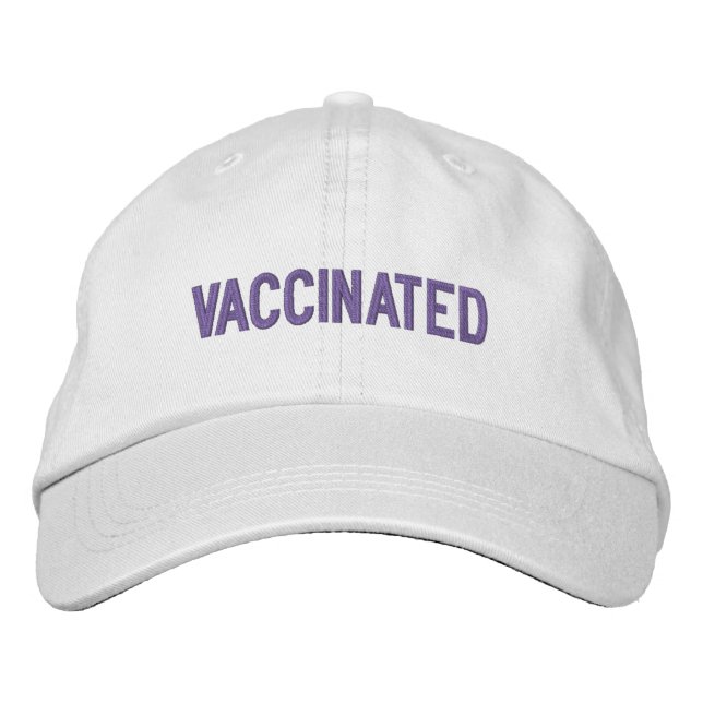 Vaccinated, purple white embroidered baseball cap (Front)