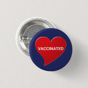 Vaccinated, red heart navy blue pin button