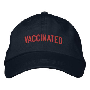 Vaccinated, red text navy blue embroidered hat