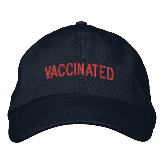 Vaccinated,  red text navy blue embroidered hat (Front)