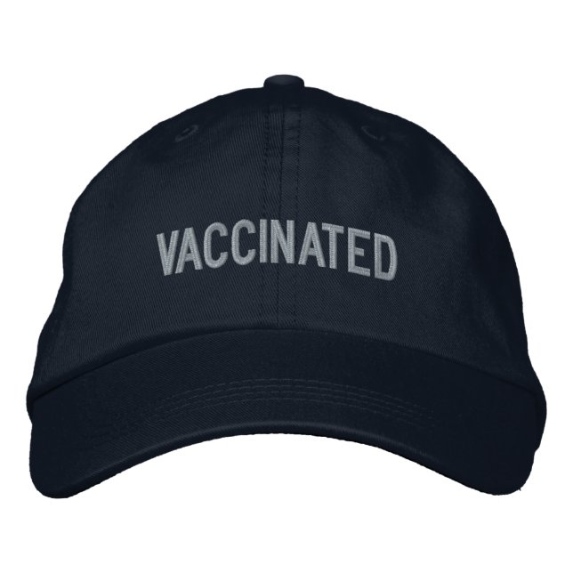 Vaccinated, silver grey text navy blue embroidered hat (Front)